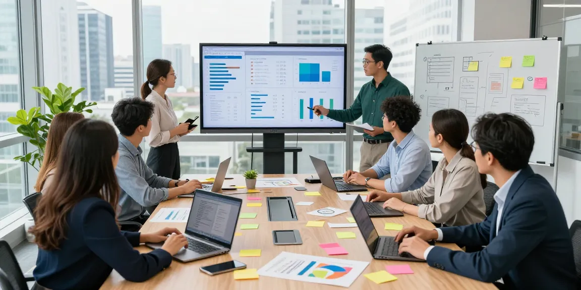Tim profesional berdiskusi di kantor modern menggunakan balak66 untuk kolaborasi efektif.