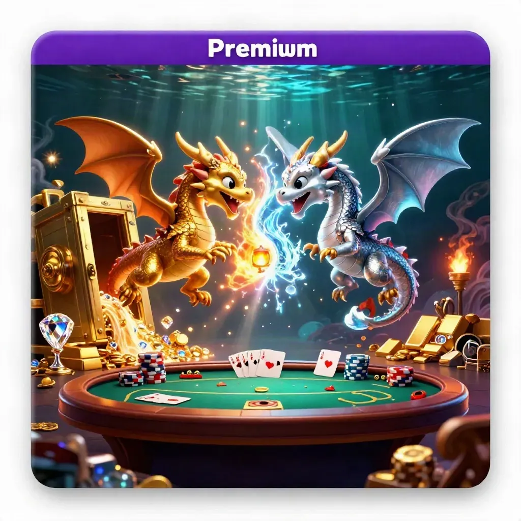 Twin gold and silver dragons spiral around a glowing vault, treasure, poker props, and a tiny lantern spirit.