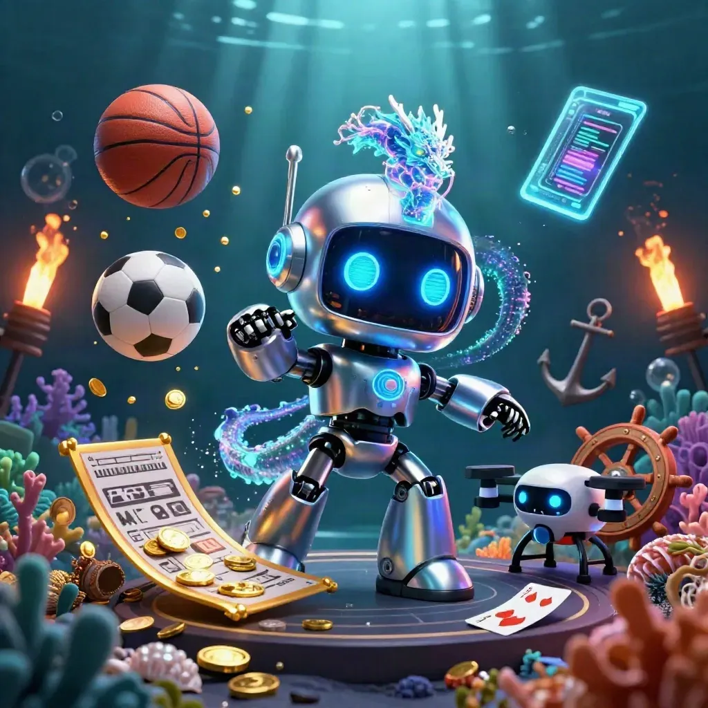 Cyberpunk robot, holographic dragon, and coin drone in an underwater treasure cove with sports gear.