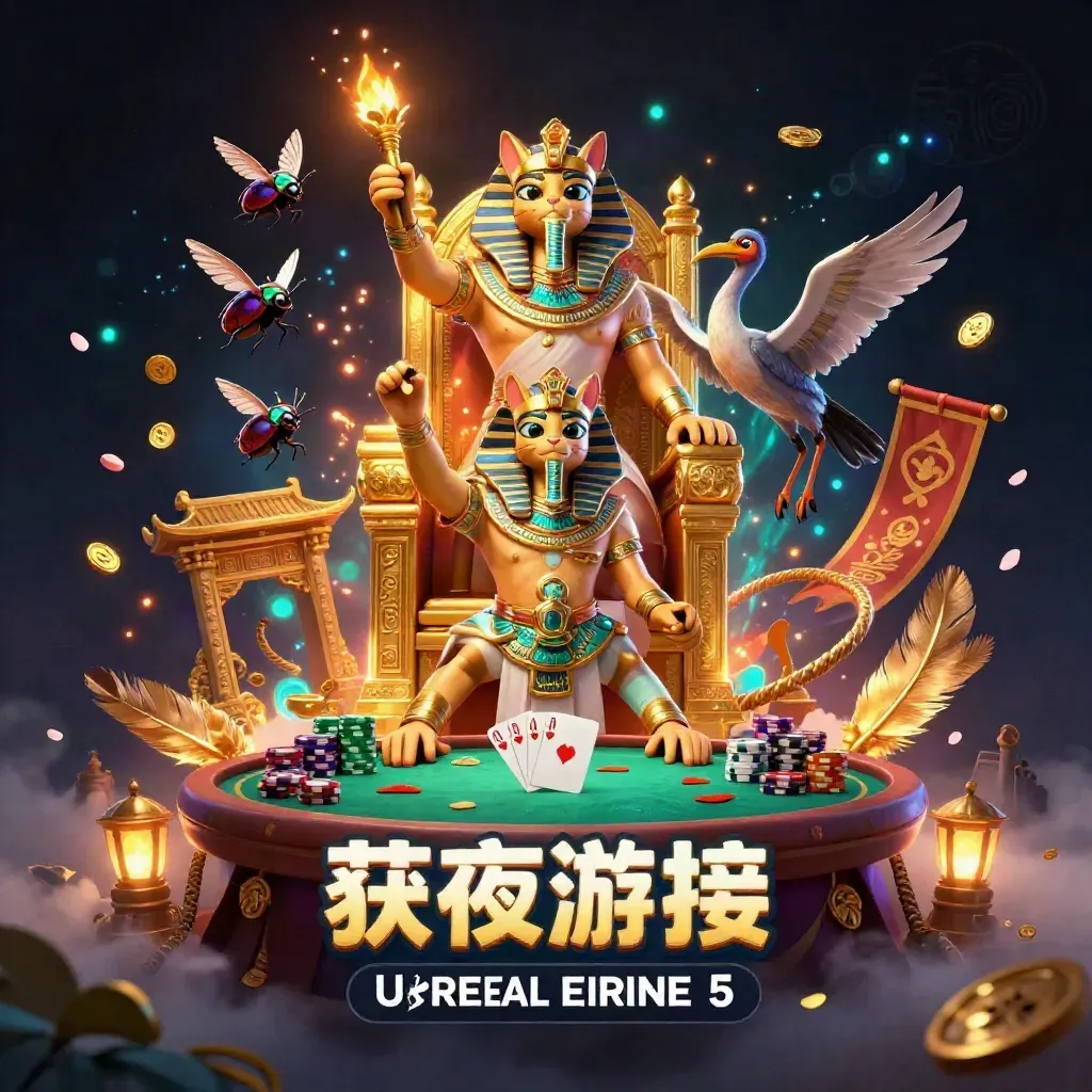 Egyptian cat pharaoh with ibis scribe, scarabs, poker props, and neon casino glow