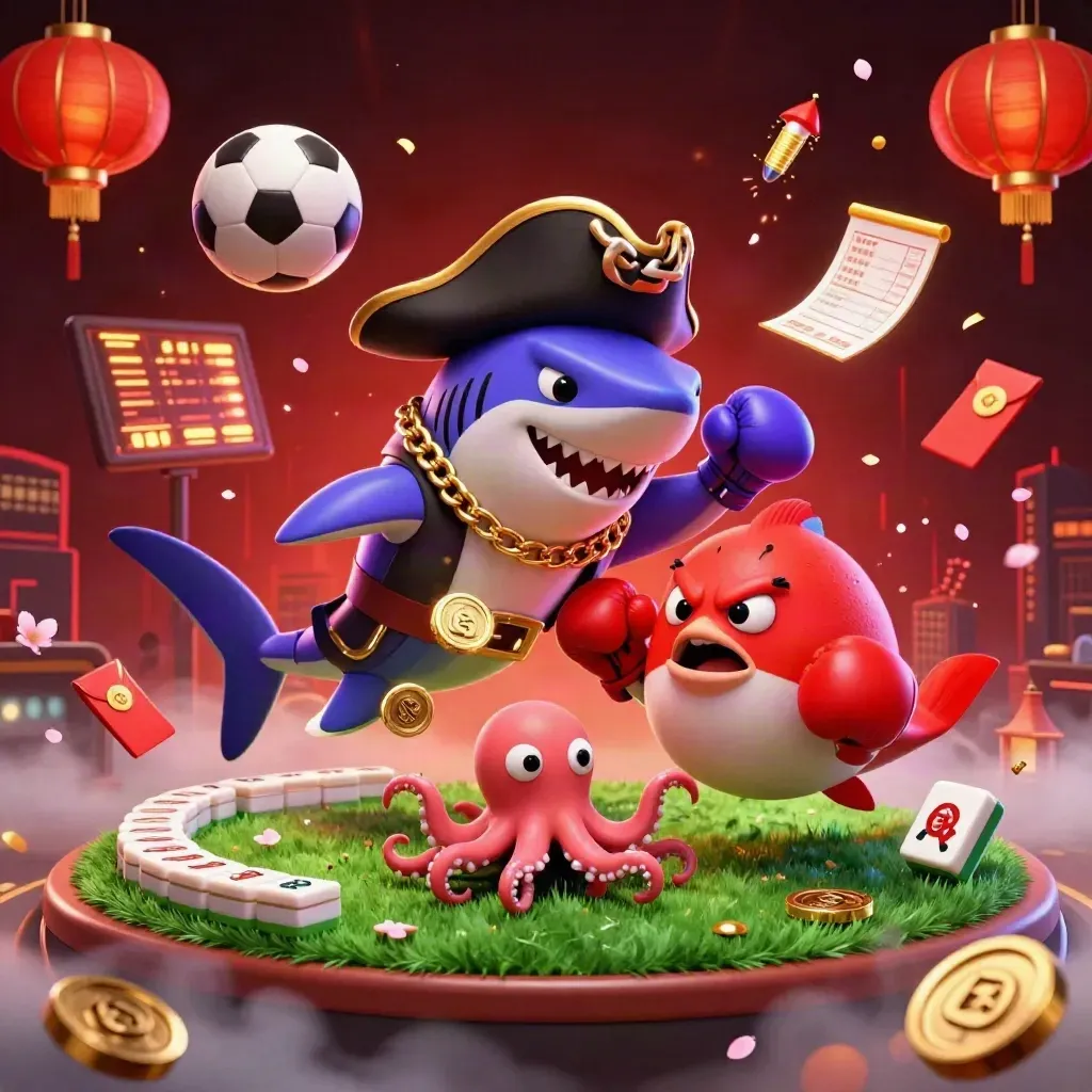 Shark pirate, pufferfish and octopus amid coins, lanterns and flying balls in neon casino light.