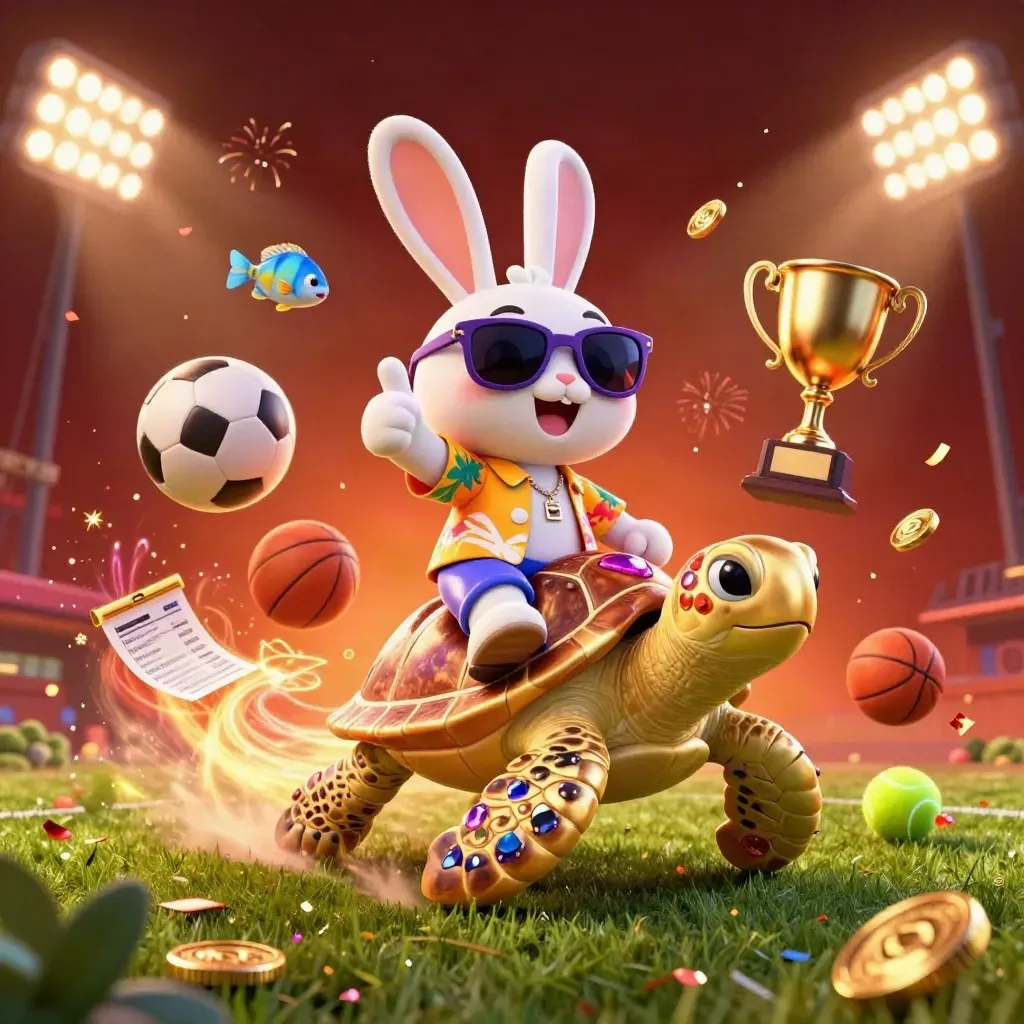 Cartoon rabbit on a golden sea turtle amid flying sports balls, coins, and casino lights.