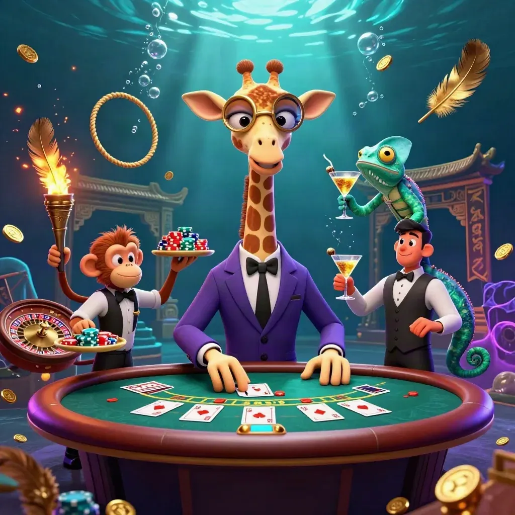 Giraffe high roller, monkey valet, chameleon bartender in a luxe neon casino scene