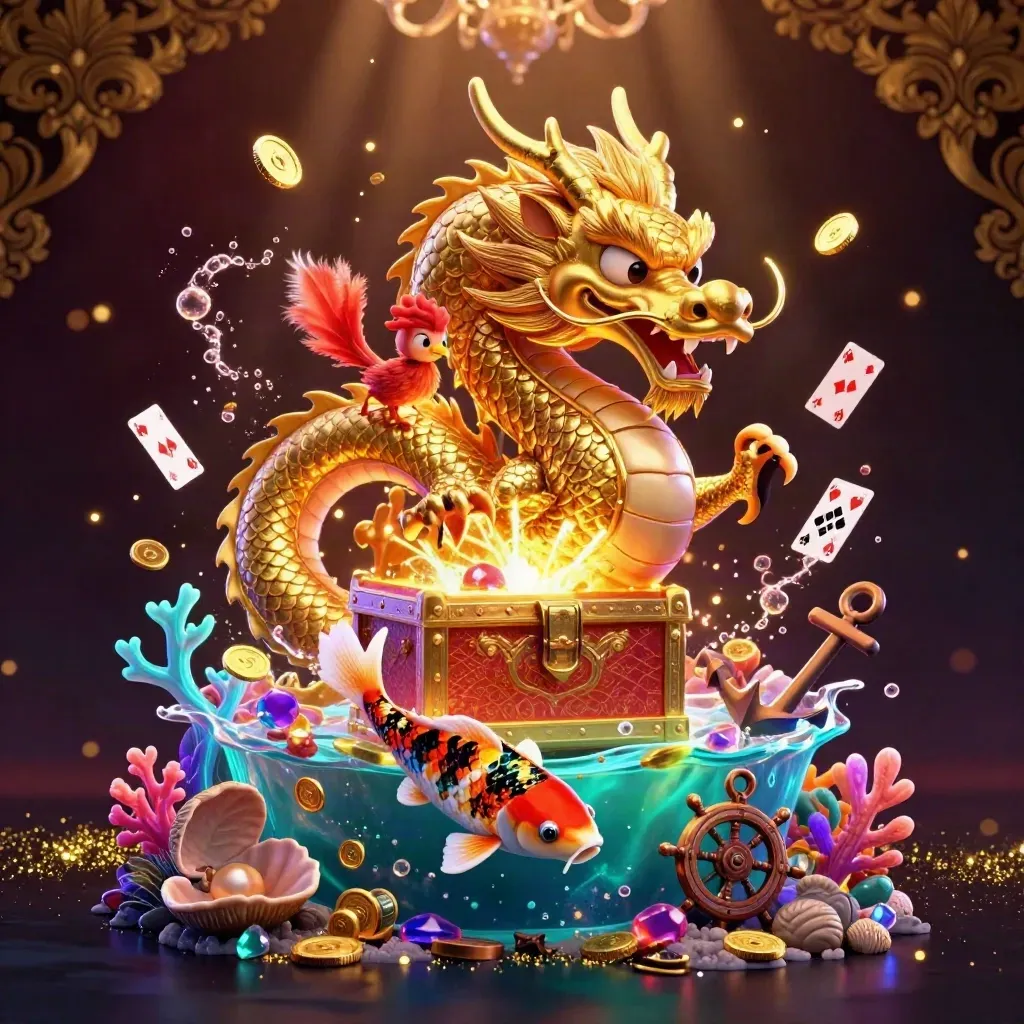Golden dragon, phoenix, and koi bursting from a treasure cove with coins, coral, and jewels