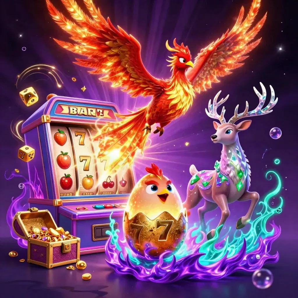 Phoenix trio amid exploding slot gold, gems, dice, and casino symbols in neon purple glow.