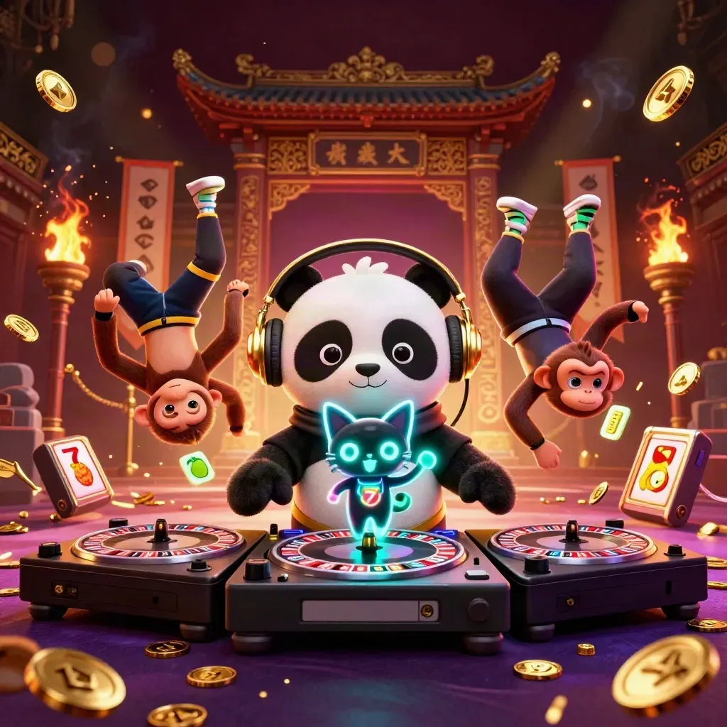 Panda DJ, breakdancing monkey, and rave kitten amid casino treasure and temple glow.