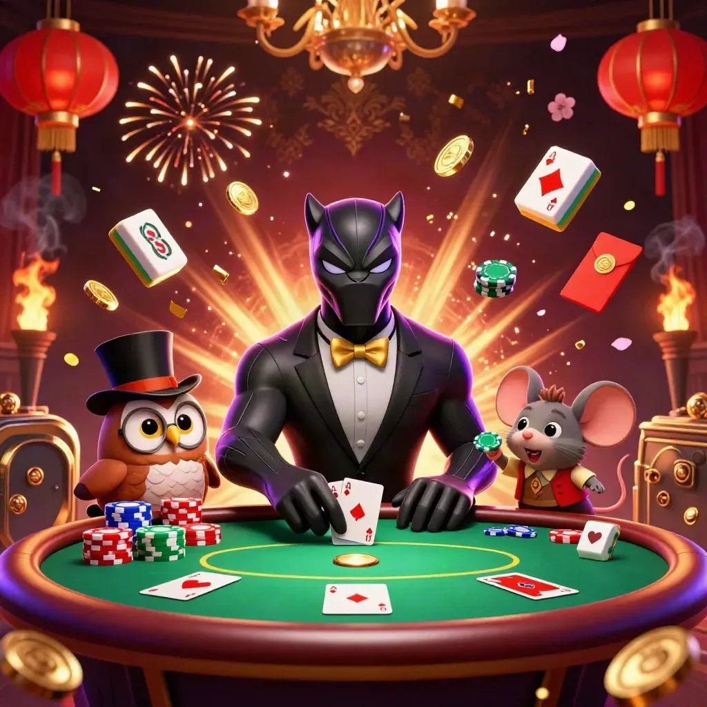 Panther dealer, owl chip holder, and mouse amid bursting coins, lanterns, and fireworks.