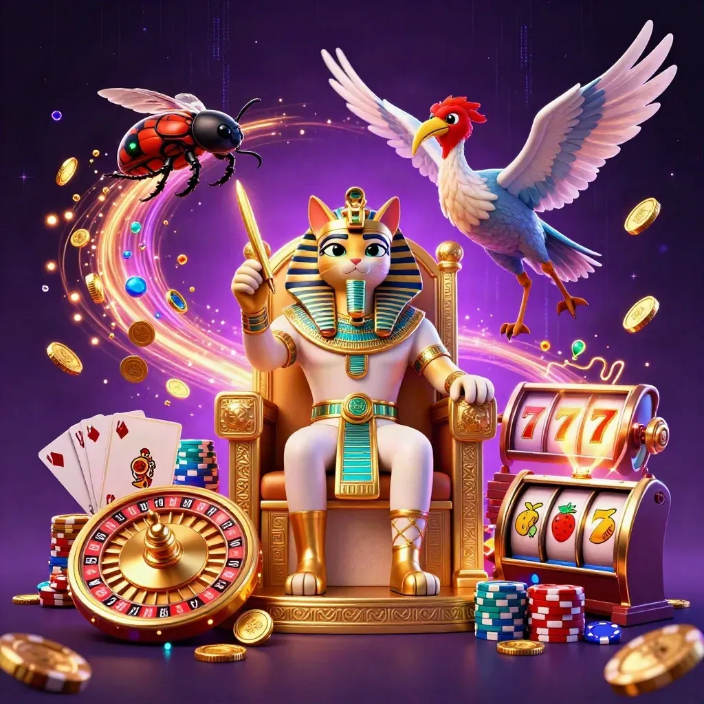 Pharaoh cat, ibis scribe, and gem-winged scarabs amid casino coins, cards, chips, and neon magic.
