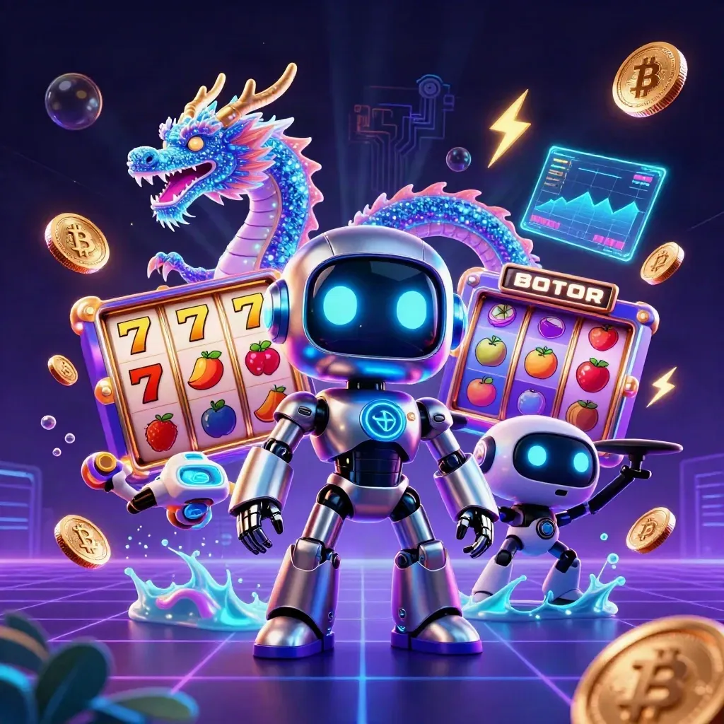 Cyberpunk robot, holographic dragon, and coin drone amid neon casino reels and crypto glow